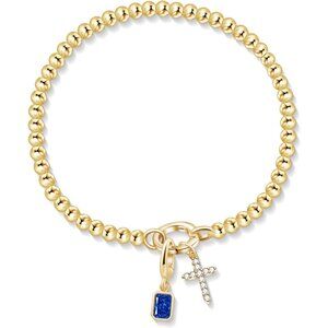 Dainty Gold Cross and Birthstone Bracelet - Adjustable Elastic Charm Jewelry